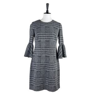 Calvin Klein Dress Bell Sleeve Sheath Black White Plaid Tweed Women’s Size 6